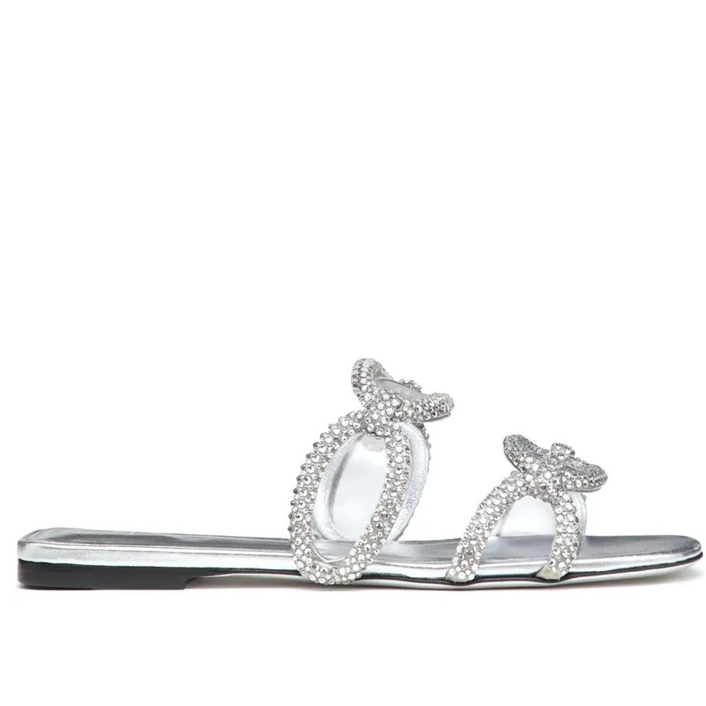 Valentino Garavani Silver Chain 1967 Crystal Slip On Slide Flat Sandal 39